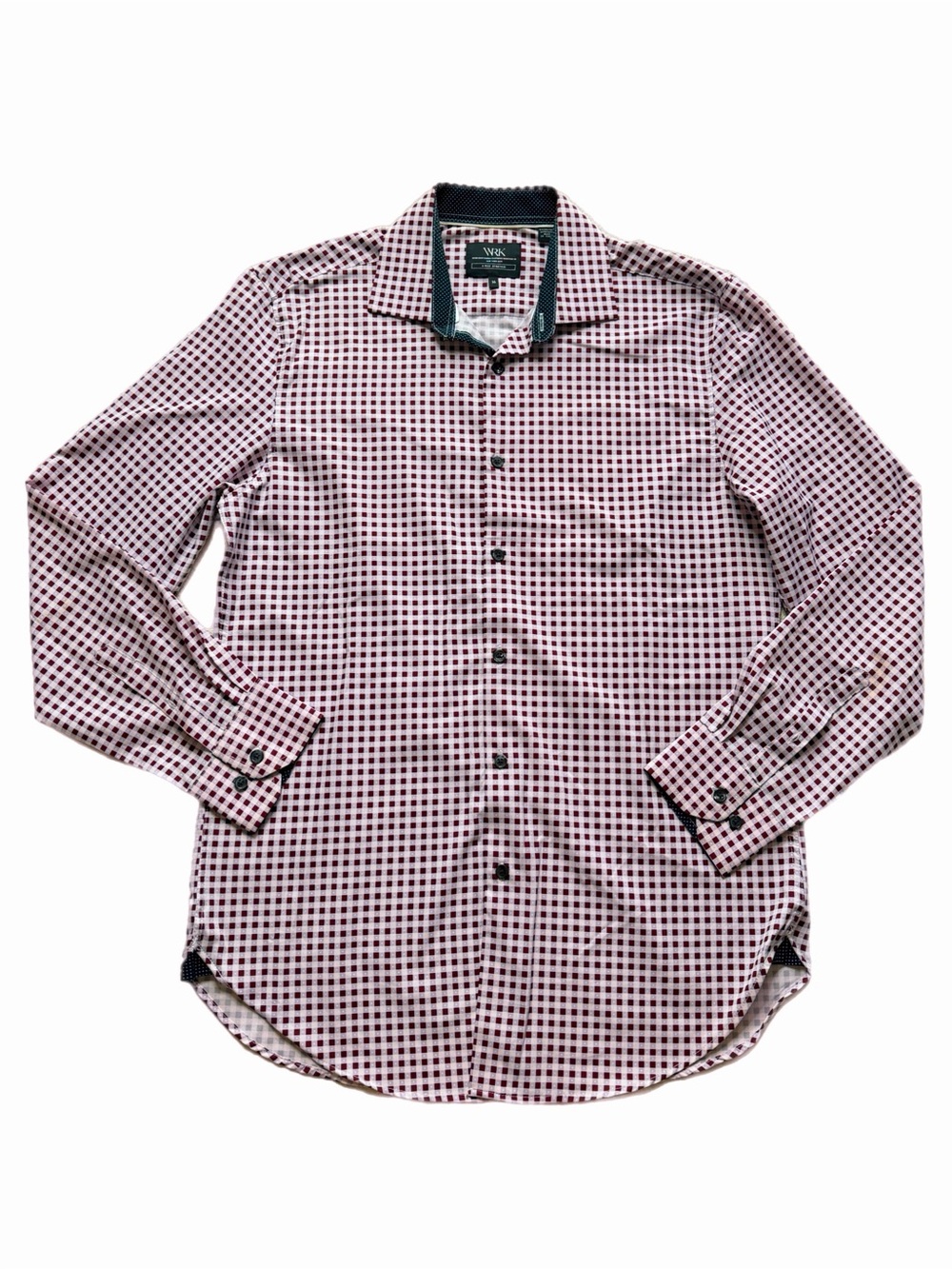 WRK NY 4-Way Stretch Dress Shirt Men’s 16 Burgundy Pink Gingham Check No Iron